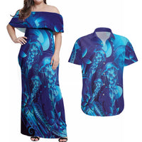 Purple Paradise Polynesia Jellyfish Couples Matching Off Shoulder Maxi Dress and Hawaiian Shirt Plumeria Polynesian Tattoo Glowing Vibes LT14 Purple - Polynesian Pride