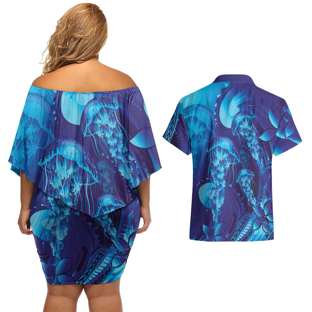 Purple Paradise Polynesia Jellyfish Couples Matching Off Shoulder Short Dress and Hawaiian Shirt Plumeria Polynesian Tattoo Glowing Vibes LT14 - Polynesian Pride