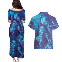 Purple Paradise Polynesia Jellyfish Couples Matching Puletasi and Hawaiian Shirt Plumeria Polynesian Tattoo Glowing Vibes