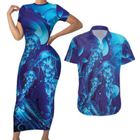 Purple Paradise Polynesia Jellyfish Couples Matching Short Sleeve Bodycon Dress and Hawaiian Shirt Plumeria Polynesian Tattoo Glowing Vibes LT14 Purple - Polynesian Pride
