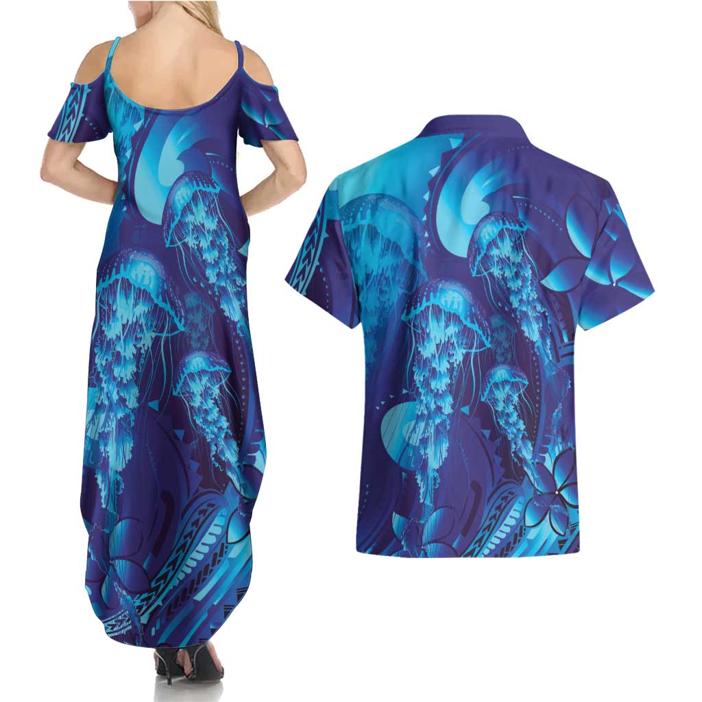 Purple Paradise Polynesia Jellyfish Couples Matching Summer Maxi Dress and Hawaiian Shirt Plumeria Polynesian Tattoo Glowing Vibes LT14 - Polynesian Pride