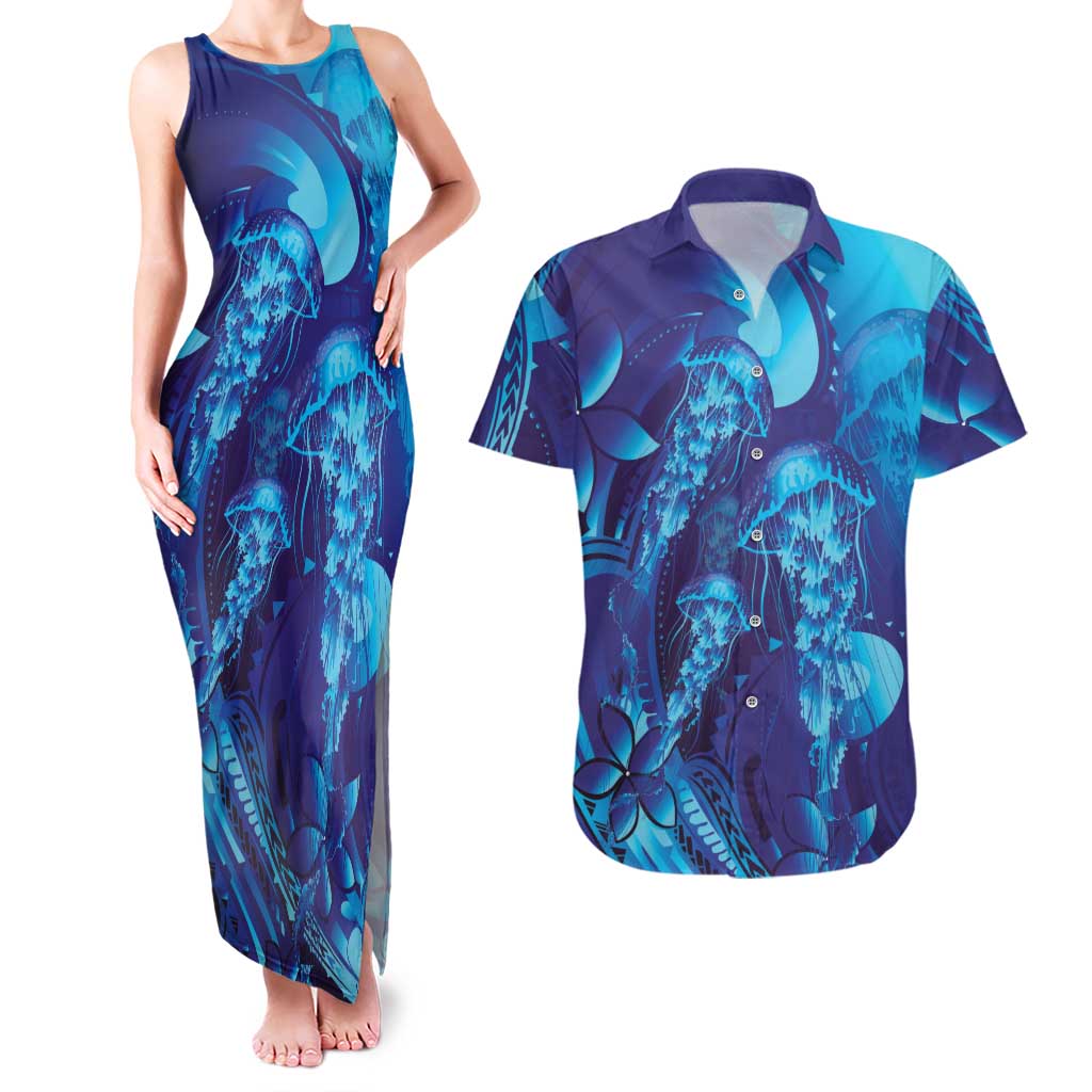 Purple Paradise Polynesia Jellyfish Couples Matching Tank Maxi Dress and Hawaiian Shirt Plumeria Polynesian Tattoo Glowing Vibes LT14 Purple - Polynesian Pride