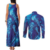 Purple Paradise Polynesia Jellyfish Couples Matching Tank Maxi Dress and Long Sleeve Button Shirt Plumeria Polynesian Tattoo Glowing Vibes