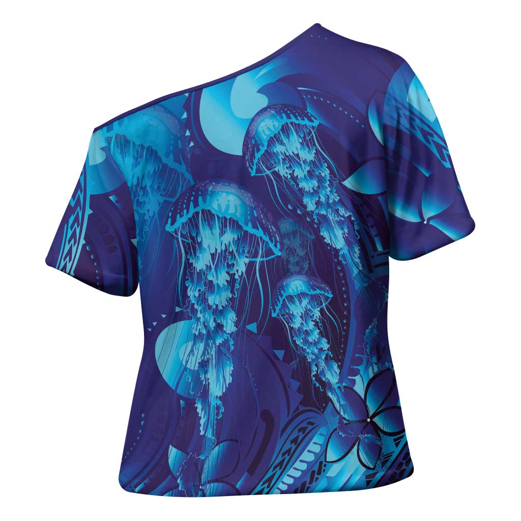 Purple Paradise Polynesia Jellyfish Cross Shoulder Shirt Plumeria Polynesian Tattoo Glowing Vibes