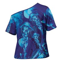 Purple Paradise Polynesia Jellyfish Cross Shoulder Shirt Plumeria Polynesian Tattoo Glowing Vibes