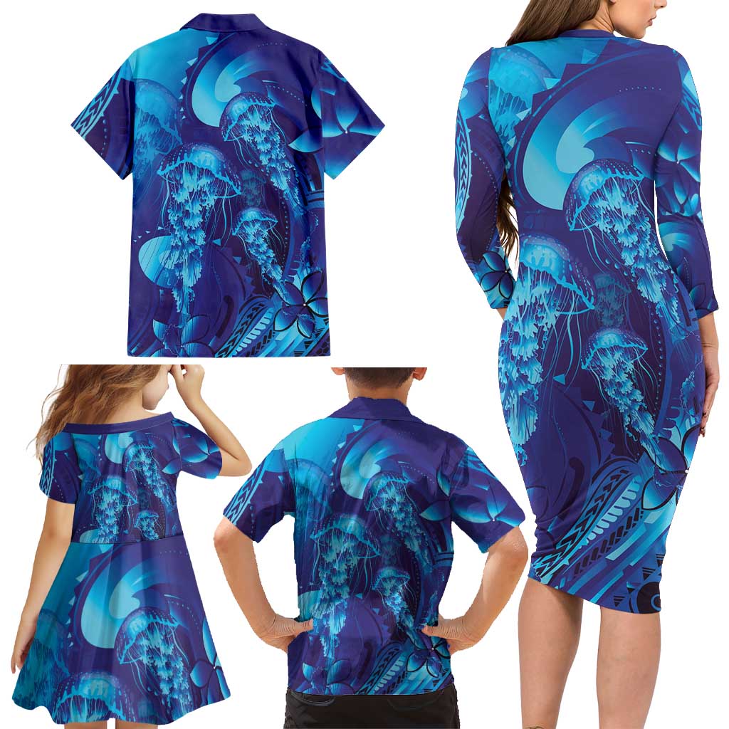 Purple Paradise Polynesia Jellyfish Family Matching Long Sleeve Bodycon Dress and Hawaiian Shirt Plumeria Polynesian Tattoo Glowing Vibes LT14 - Polynesian Pride