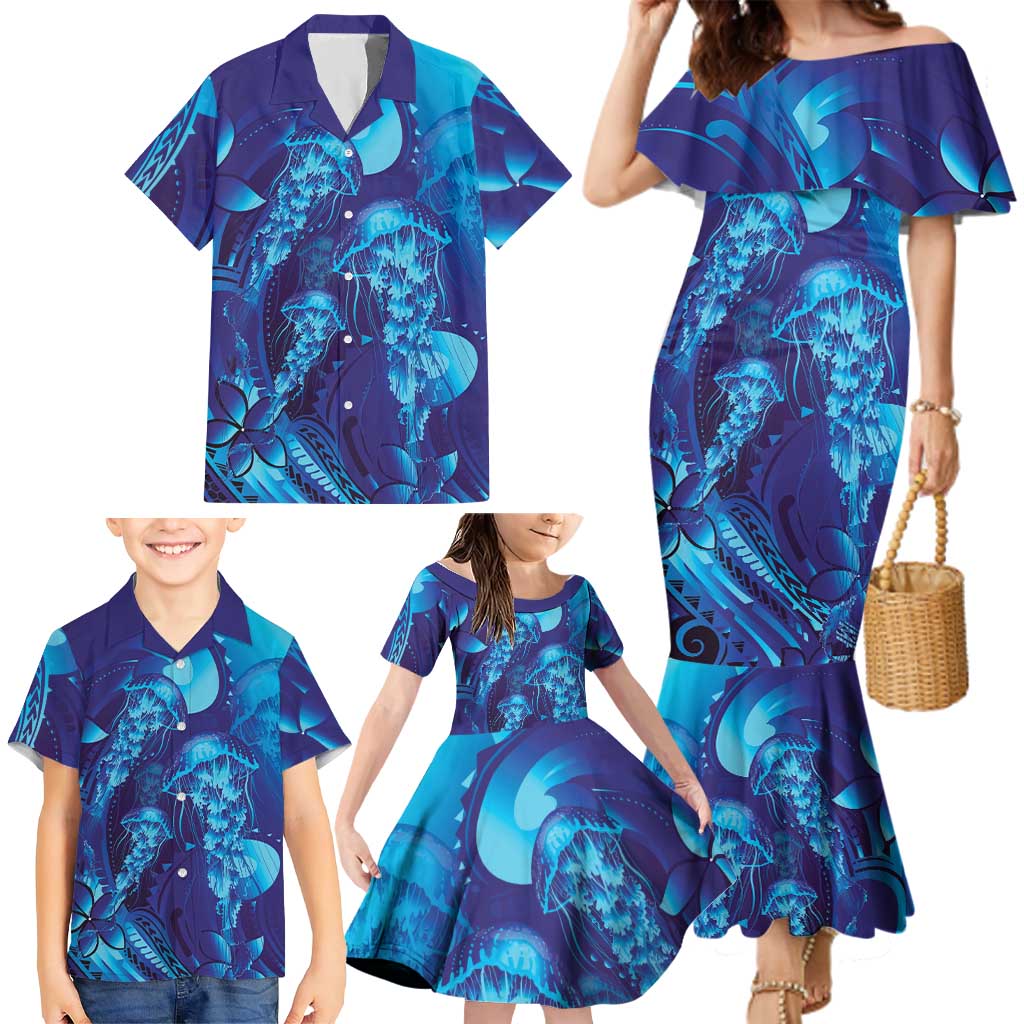 Purple Paradise Polynesia Jellyfish Family Matching Mermaid Dress and Hawaiian Shirt Plumeria Polynesian Tattoo Glowing Vibes LT14 - Polynesian Pride