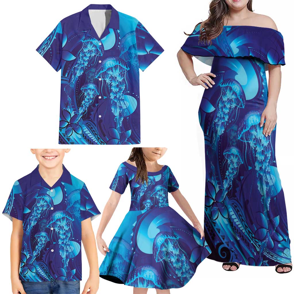 Purple Paradise Polynesia Jellyfish Family Matching Off Shoulder Maxi Dress and Hawaiian Shirt Plumeria Polynesian Tattoo Glowing Vibes LT14 - Polynesian Pride