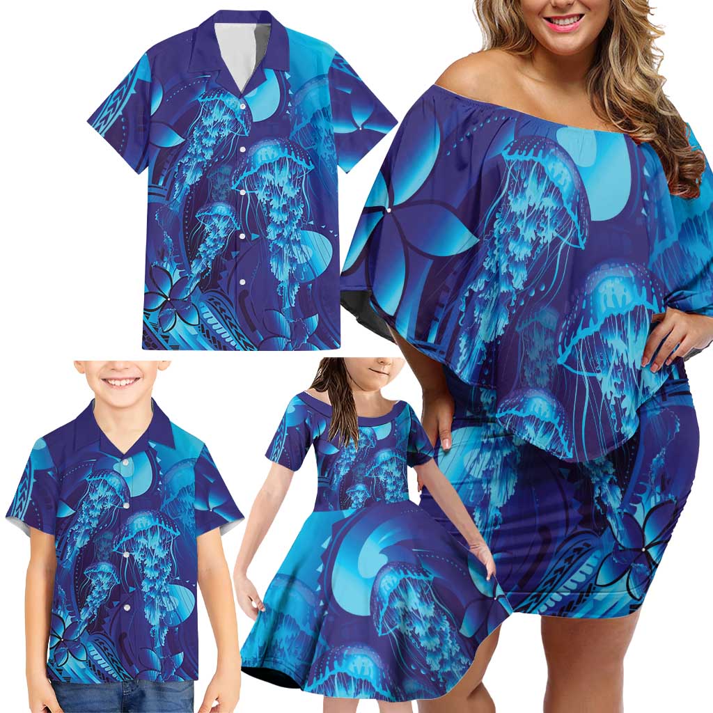 Purple Paradise Polynesia Jellyfish Family Matching Off Shoulder Short Dress and Hawaiian Shirt Plumeria Polynesian Tattoo Glowing Vibes