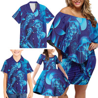 Purple Paradise Polynesia Jellyfish Family Matching Off Shoulder Short Dress and Hawaiian Shirt Plumeria Polynesian Tattoo Glowing Vibes LT14 - Polynesian Pride