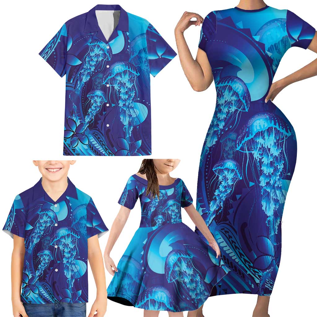 Purple Paradise Polynesia Jellyfish Family Matching Short Sleeve Bodycon Dress and Hawaiian Shirt Plumeria Polynesian Tattoo Glowing Vibes LT14 - Polynesian Pride