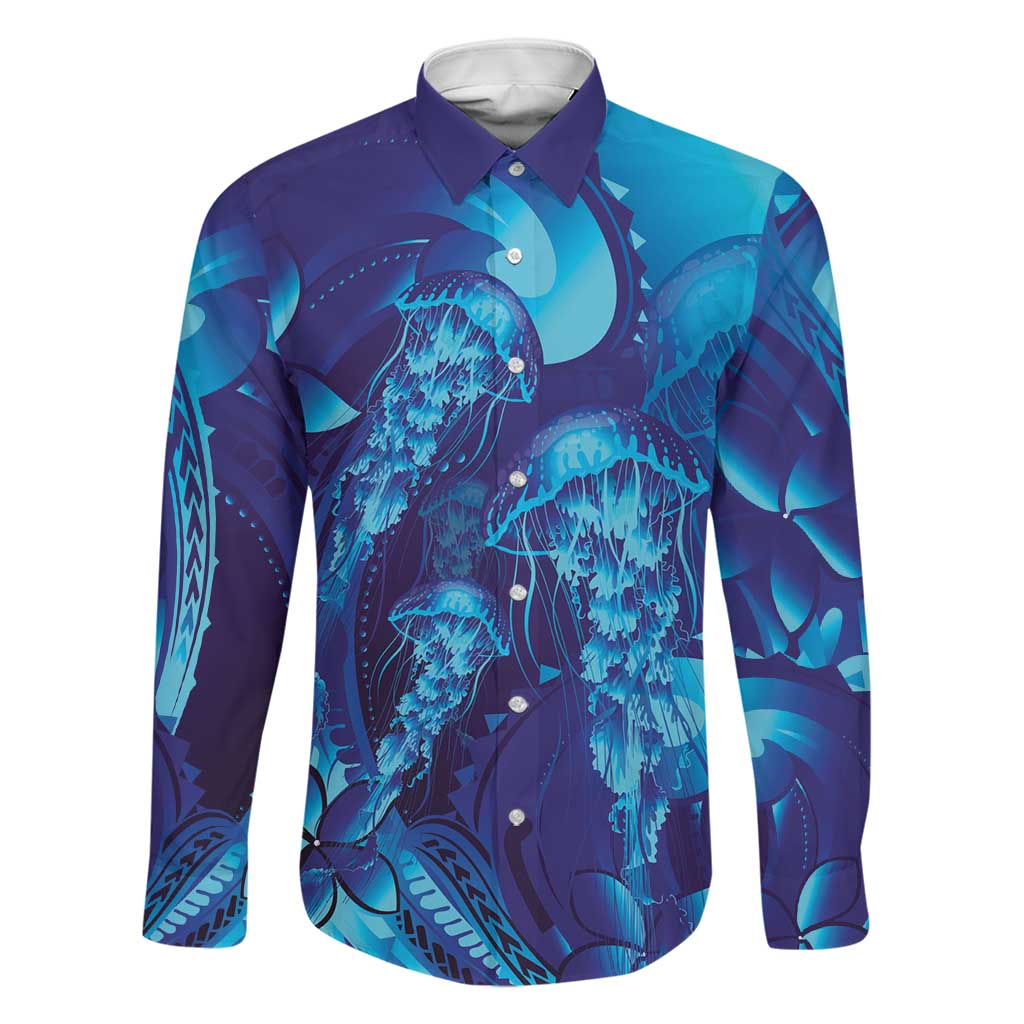 Purple Paradise Polynesia Jellyfish Family Matching Short Sleeve Bodycon Dress and Hawaiian Shirt Plumeria Polynesian Tattoo Glowing Vibes LT14 Dad's Shirt - Long Sleeve Purple - Polynesian Pride