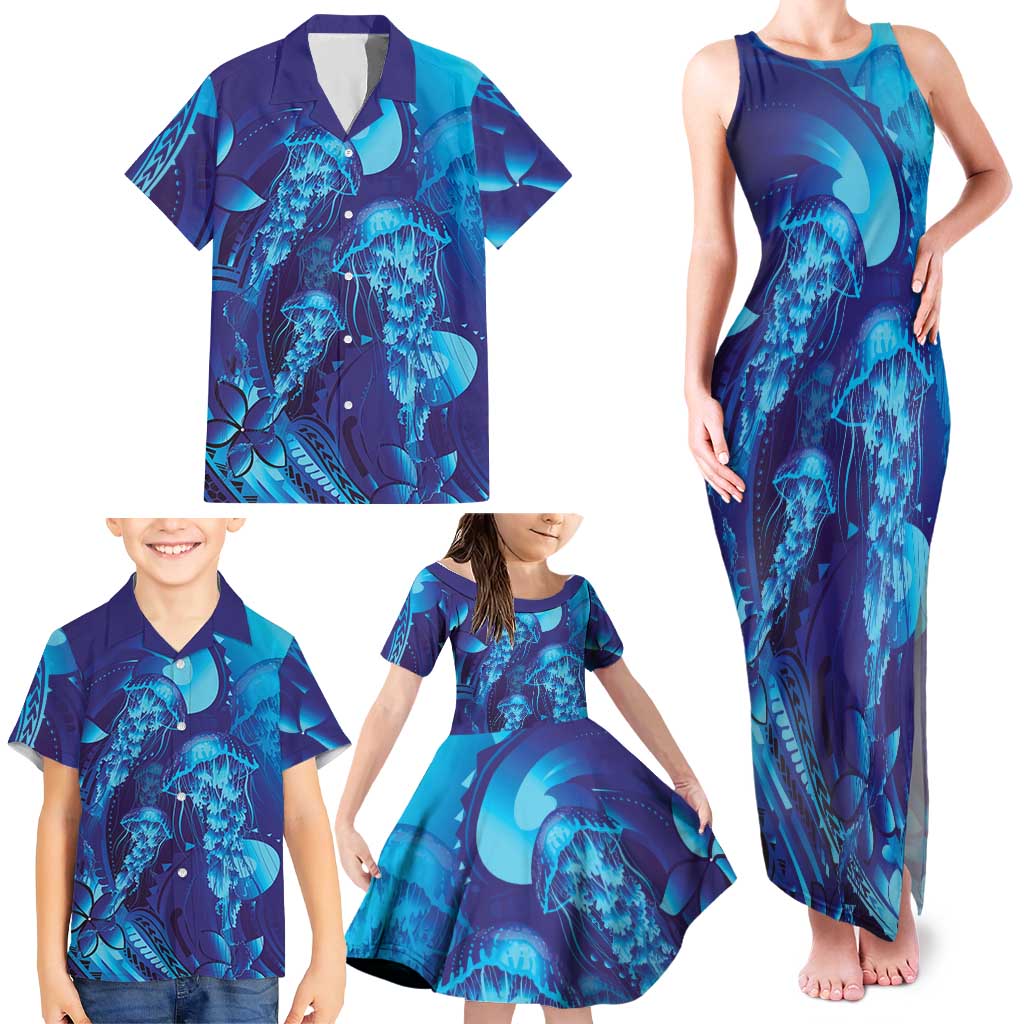 Purple Paradise Polynesia Jellyfish Family Matching Tank Maxi Dress and Hawaiian Shirt Plumeria Polynesian Tattoo Glowing Vibes