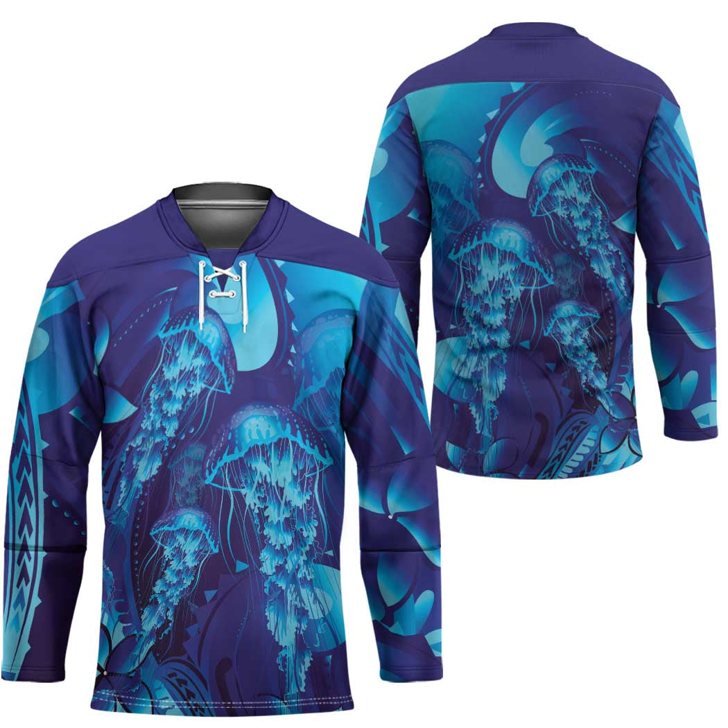 Purple Paradise Polynesia Jellyfish Hockey Jersey Plumeria Polynesian Tattoo Glowing Vibes