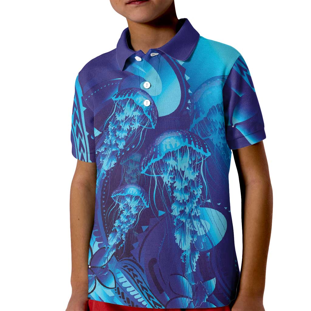 Purple Paradise Polynesia Jellyfish Kid Polo Shirt Plumeria Polynesian Tattoo Glowing Vibes