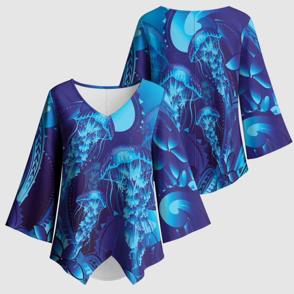 Purple Paradise Polynesia Jellyfish Kimono Sleeve Blouse Plumeria Polynesian Tattoo Glowing Vibes