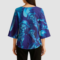 Purple Paradise Polynesia Jellyfish Kimono Sleeve Blouse Plumeria Polynesian Tattoo Glowing Vibes