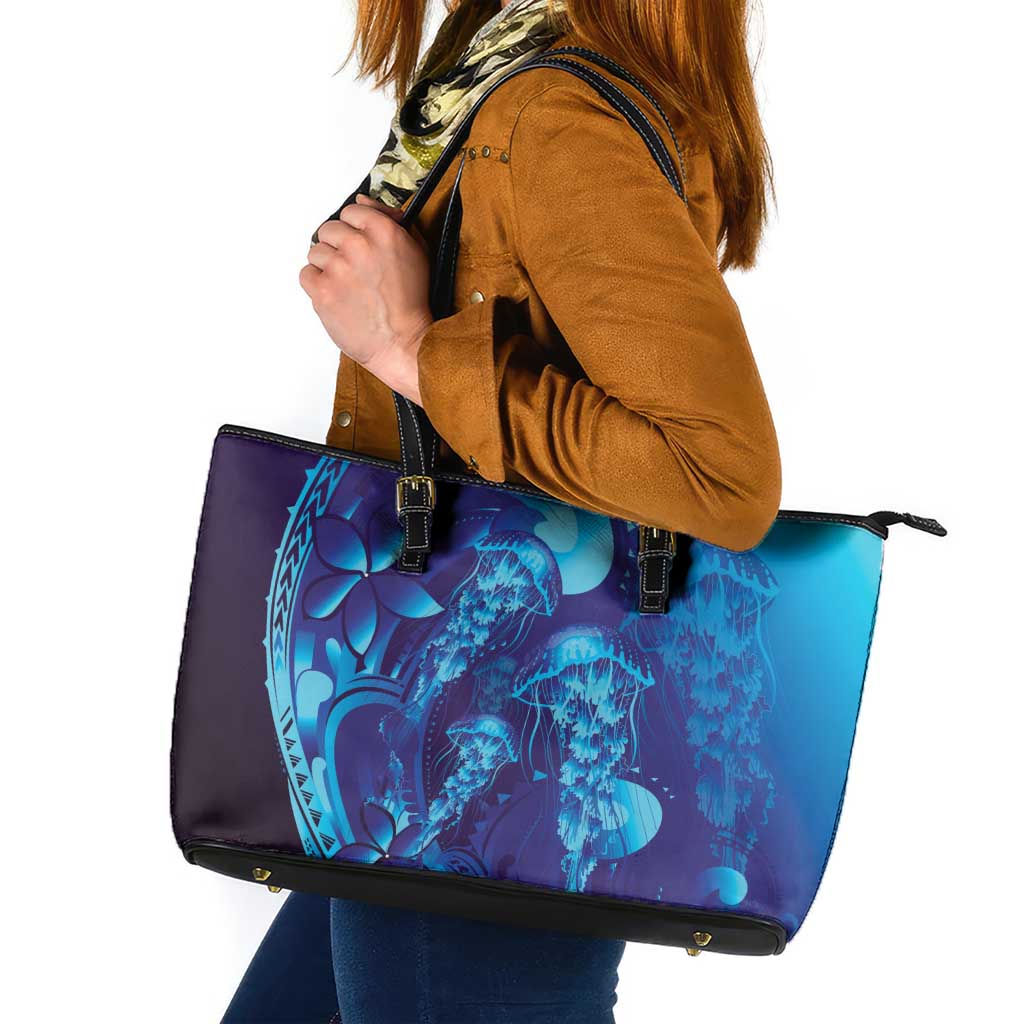 Purple Paradise Polynesia Jellyfish Leather Tote Bag Plumeria Polynesian Tattoo Glowing Vibes
