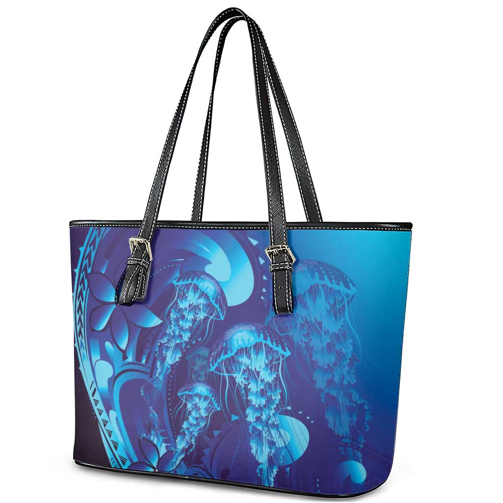 Purple Paradise Polynesia Jellyfish Leather Tote Bag Plumeria Polynesian Tattoo Glowing Vibes