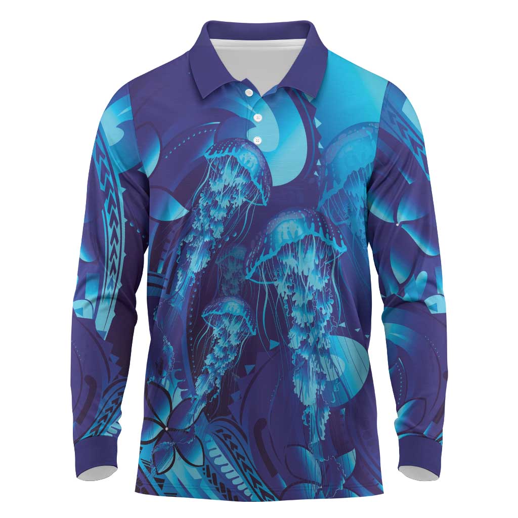 Purple Paradise Polynesia Jellyfish Long Sleeve Polo Shirt Plumeria Polynesian Tattoo Glowing Vibes