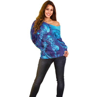Purple Paradise Polynesia Jellyfish Off Shoulder Sweater Plumeria Polynesian Tattoo Glowing Vibes