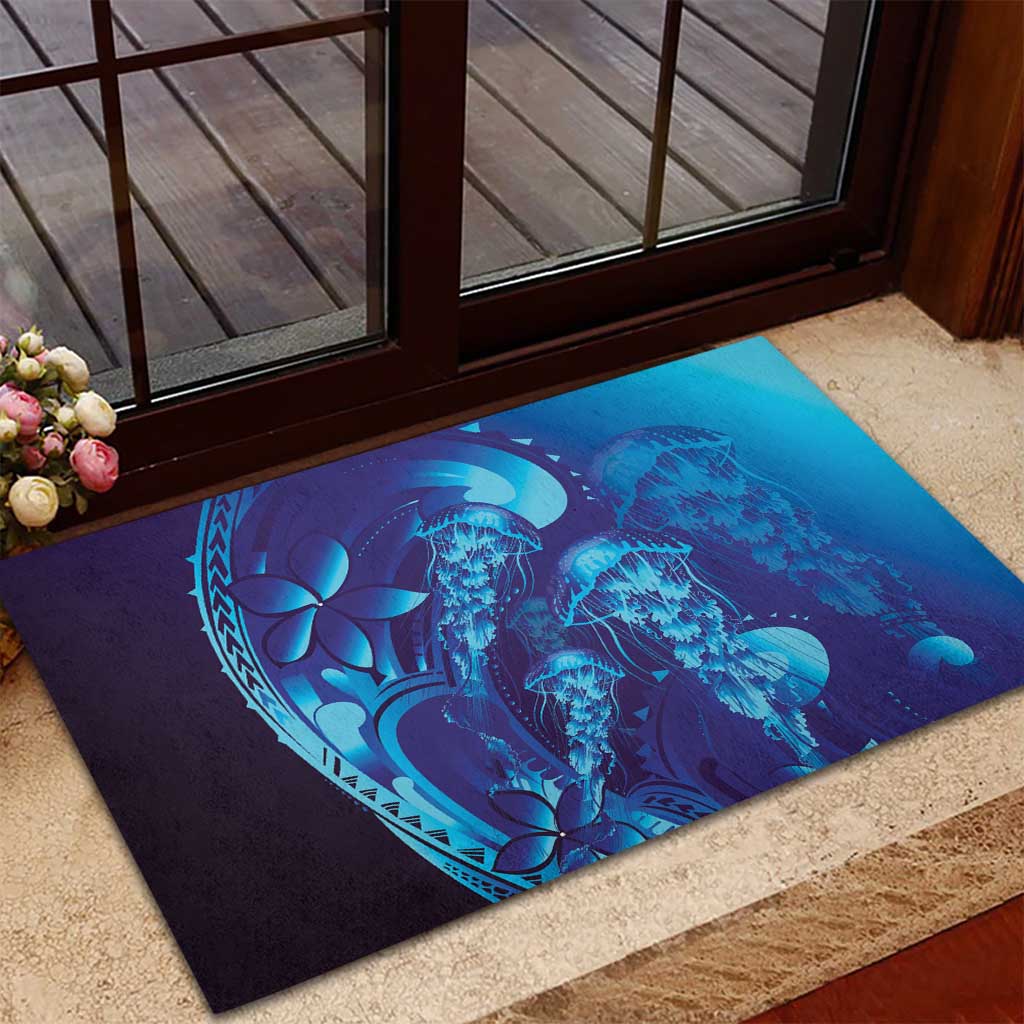 Purple Paradise Polynesia Jellyfish Rubber Doormat Plumeria Polynesian Tattoo Glowing Vibes