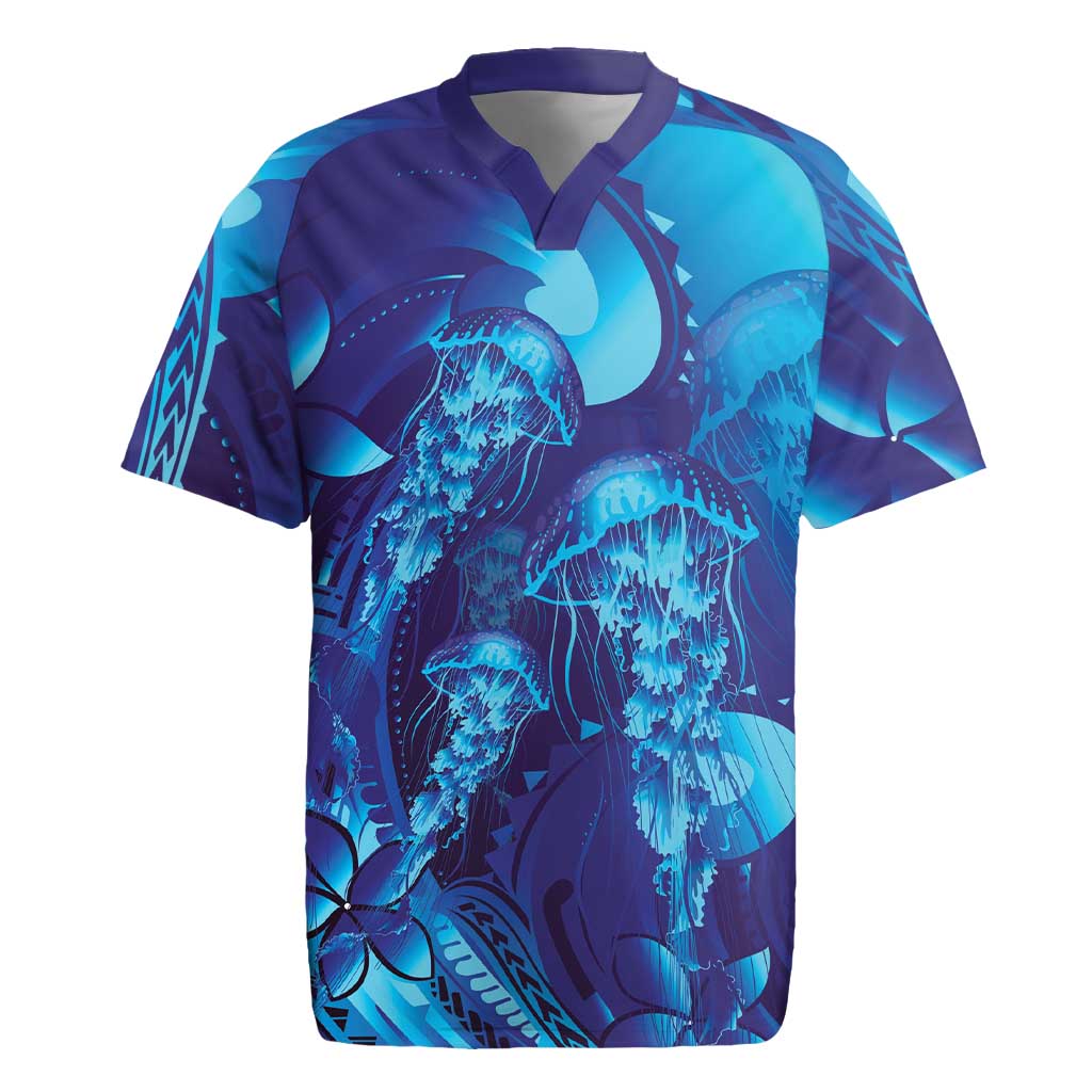 Purple Paradise Polynesia Jellyfish Rugby Jersey Plumeria Polynesian Tattoo Glowing Vibes