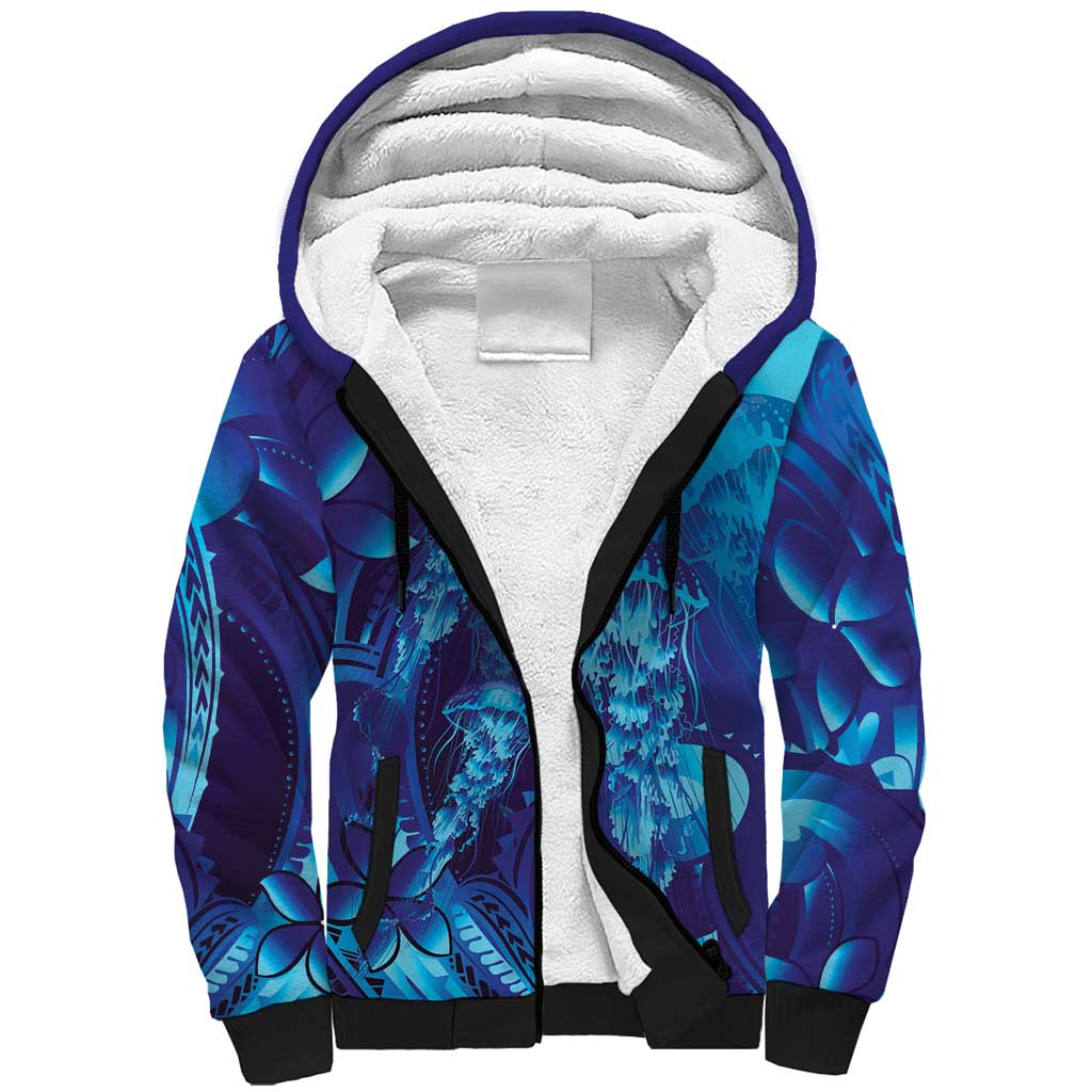 Purple Paradise Polynesia Jellyfish Sherpa Hoodie Plumeria Polynesian Tattoo Glowing Vibes