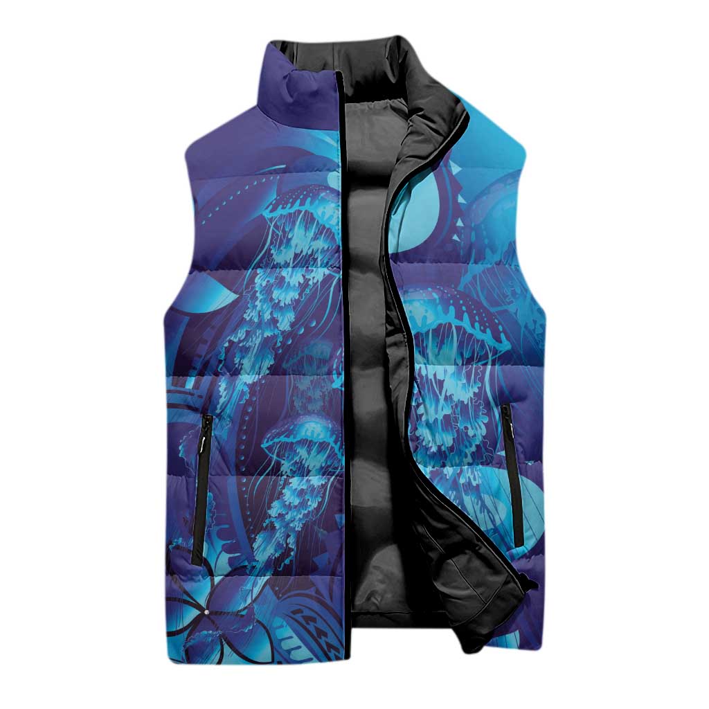 Purple Paradise Polynesia Jellyfish Sleeveless Puffer Jacket Plumeria Polynesian Tattoo Glowing Vibes