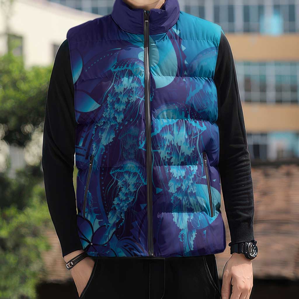 Purple Paradise Polynesia Jellyfish Sleeveless Puffer Jacket Plumeria Polynesian Tattoo Glowing Vibes