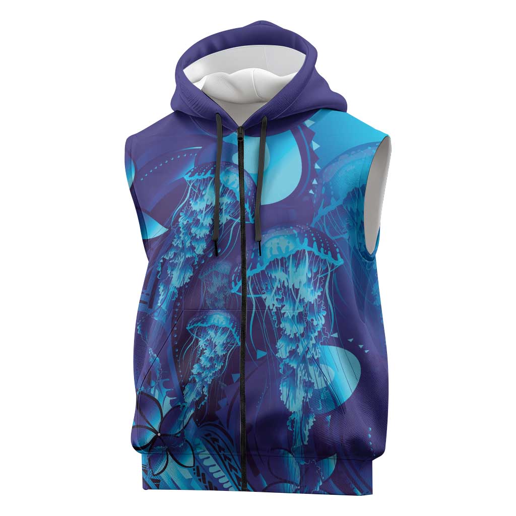 Purple Paradise Polynesia Jellyfish Sleeveless Zip Hoodie Plumeria Polynesian Tattoo Glowing Vibes