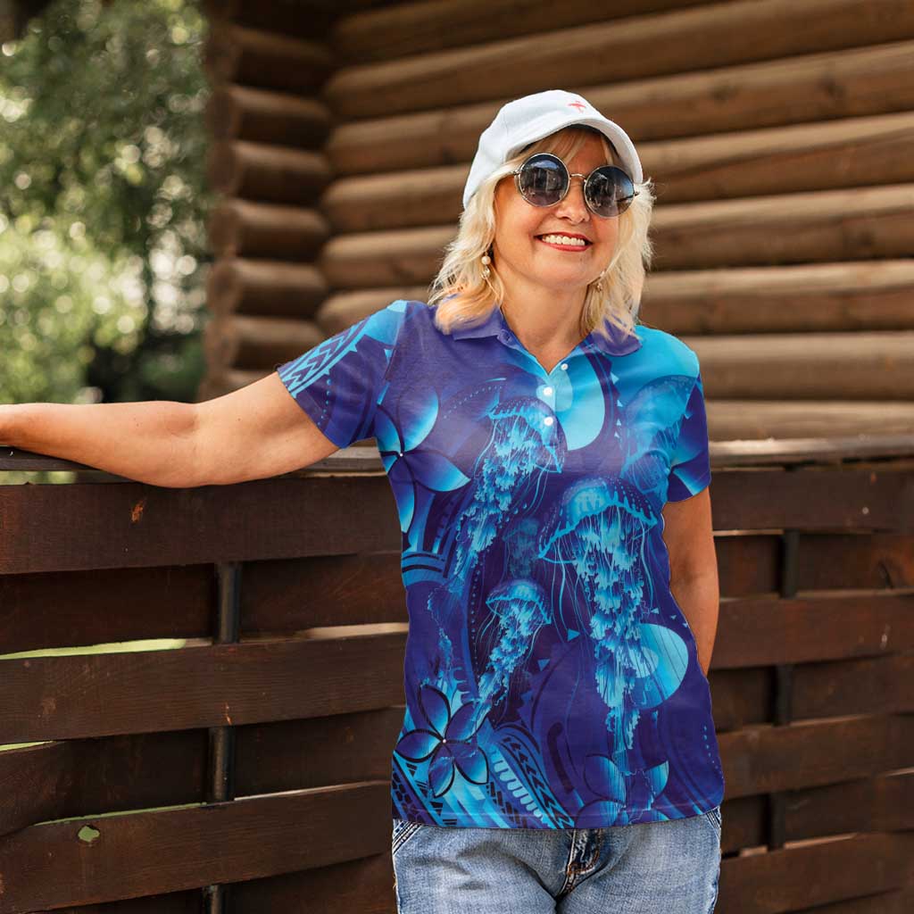 Purple Paradise Polynesia Jellyfish Women Polo Shirt Plumeria Polynesian Tattoo Glowing Vibes