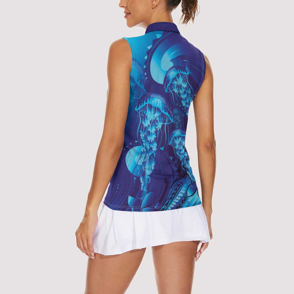 Purple Paradise Polynesia Jellyfish Women Sleeveless Polo Shirt Plumeria Polynesian Tattoo Glowing Vibes LT14 - Polynesian Pride