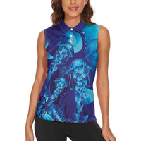 Purple Paradise Polynesia Jellyfish Women Sleeveless Polo Shirt Plumeria Polynesian Tattoo Glowing Vibes LT14 - Polynesian Pride