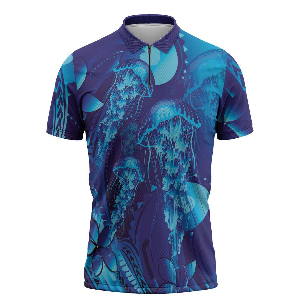 Purple Paradise Polynesia Jellyfish Zipper Polo Shirt Plumeria Polynesian Tattoo Glowing Vibes