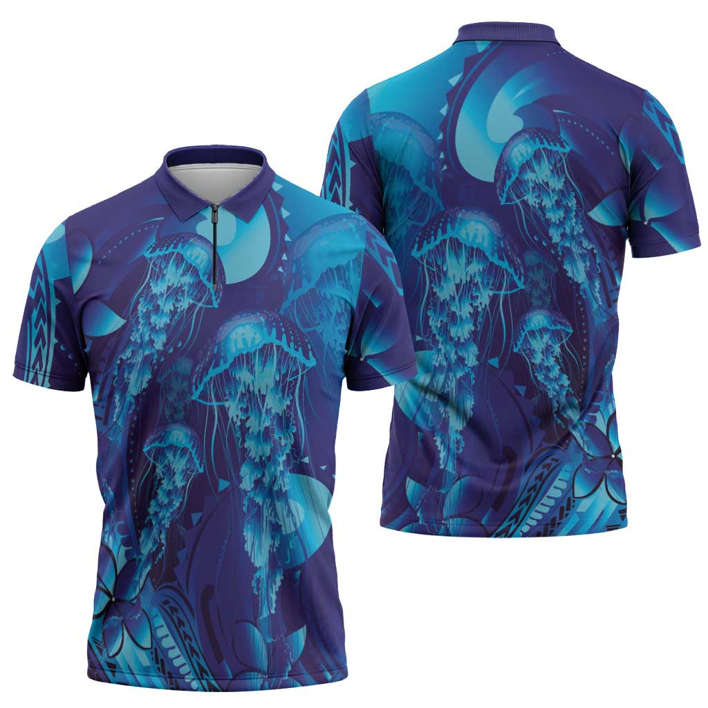 Purple Paradise Polynesia Jellyfish Zipper Polo Shirt Plumeria Polynesian Tattoo Glowing Vibes