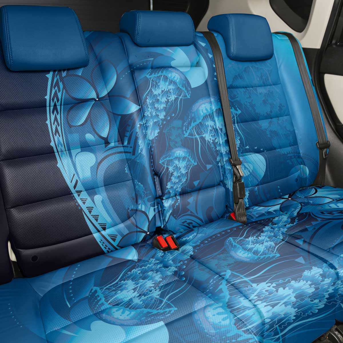 Blue Gradient Polynesia Jellyfish Back Car Seat Cover Plumeria Polynesian Tattoo Glowing Vibes