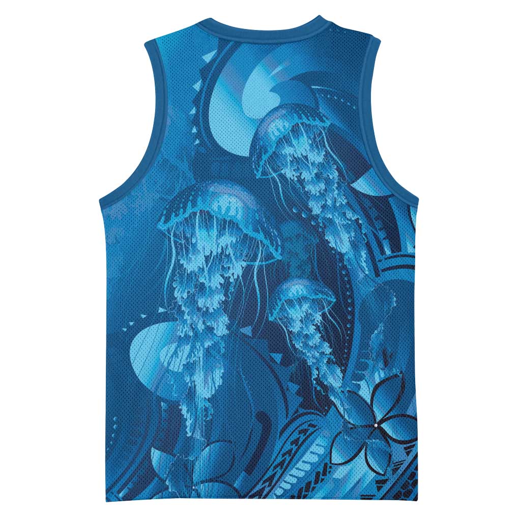 Blue Gradient Polynesia Jellyfish Basketball Jersey Plumeria Polynesian Tattoo Glowing Vibes