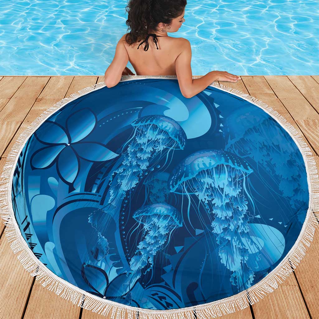 Blue Gradient Polynesia Jellyfish Beach Blanket Plumeria Polynesian Tattoo Glowing Vibes