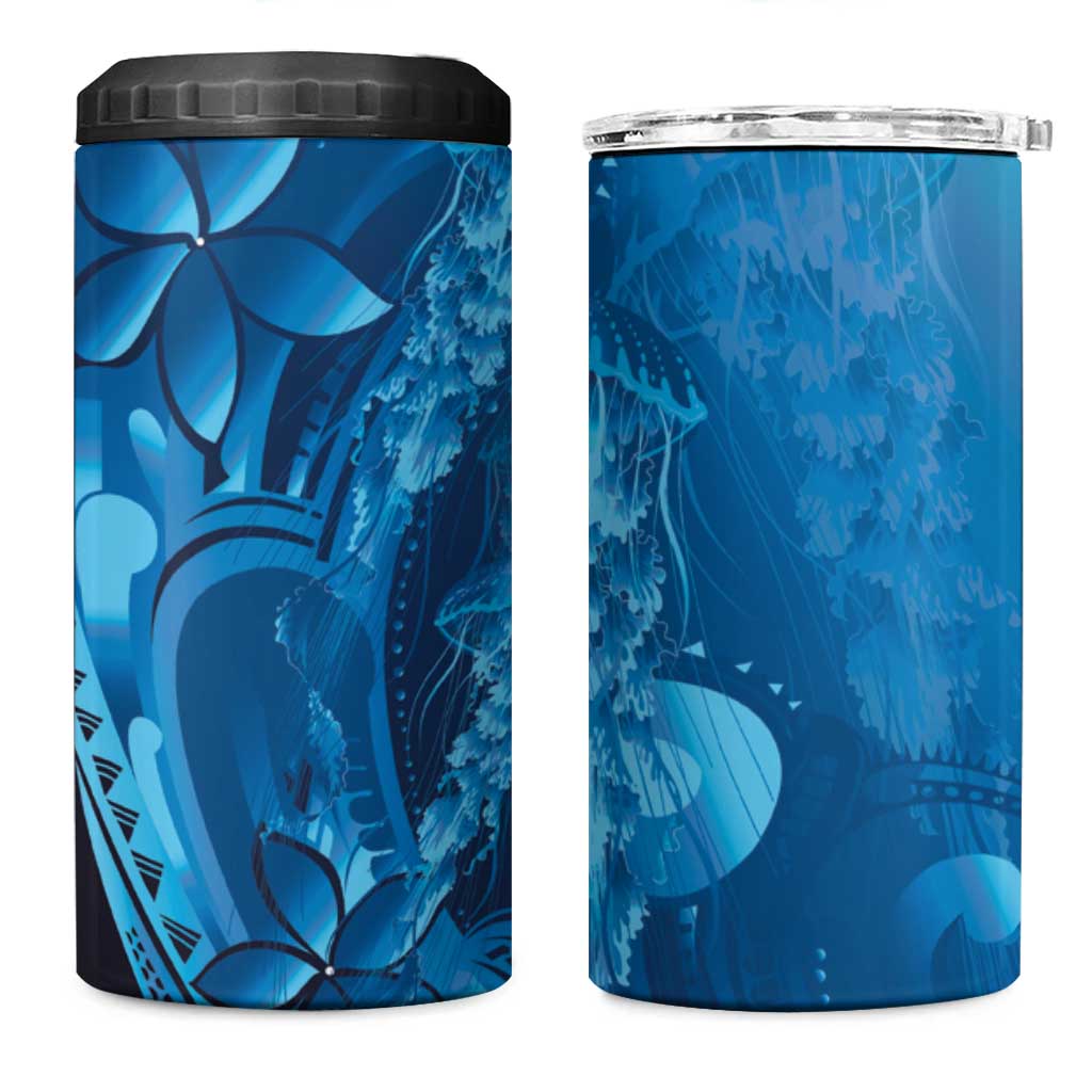 Blue Gradient Polynesia Jellyfish 4 in 1 Can Cooler Tumbler Plumeria Polynesian Tattoo Glowing Vibes
