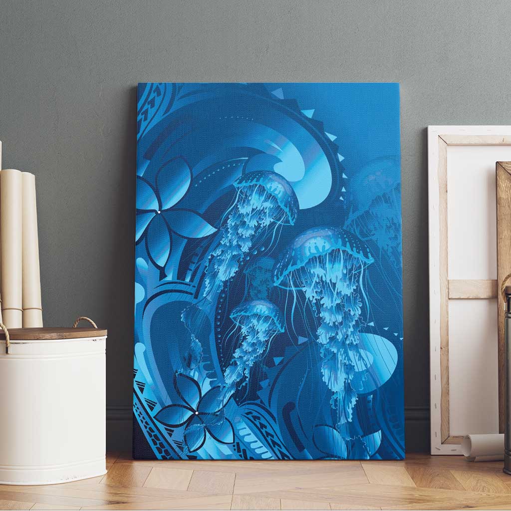 Blue Gradient Polynesia Jellyfish Canvas Wall Art Plumeria Polynesian Tattoo Glowing Vibes