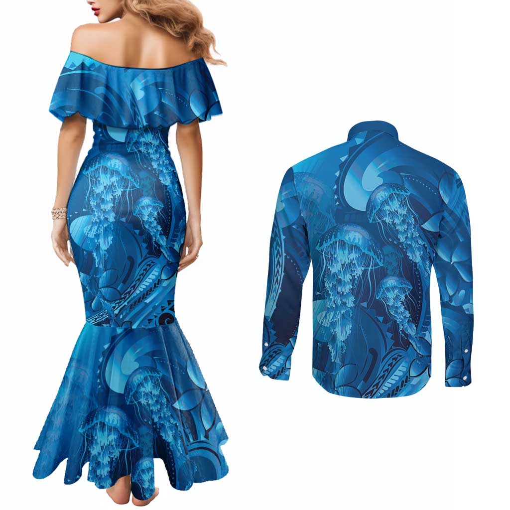 Blue Gradient Polynesia Jellyfish Couples Matching Mermaid Dress and Long Sleeve Button Shirt Plumeria Polynesian Tattoo Glowing Vibes