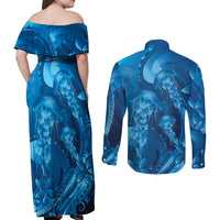 Blue Gradient Polynesia Jellyfish Couples Matching Off Shoulder Maxi Dress and Long Sleeve Button Shirt Plumeria Polynesian Tattoo Glowing Vibes