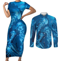 Blue Gradient Polynesia Jellyfish Couples Matching Short Sleeve Bodycon Dress and Long Sleeve Button Shirt Plumeria Polynesian Tattoo Glowing Vibes