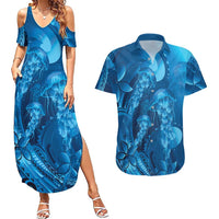 Blue Gradient Polynesia Jellyfish Couples Matching Summer Maxi Dress and Hawaiian Shirt Plumeria Polynesian Tattoo Glowing Vibes