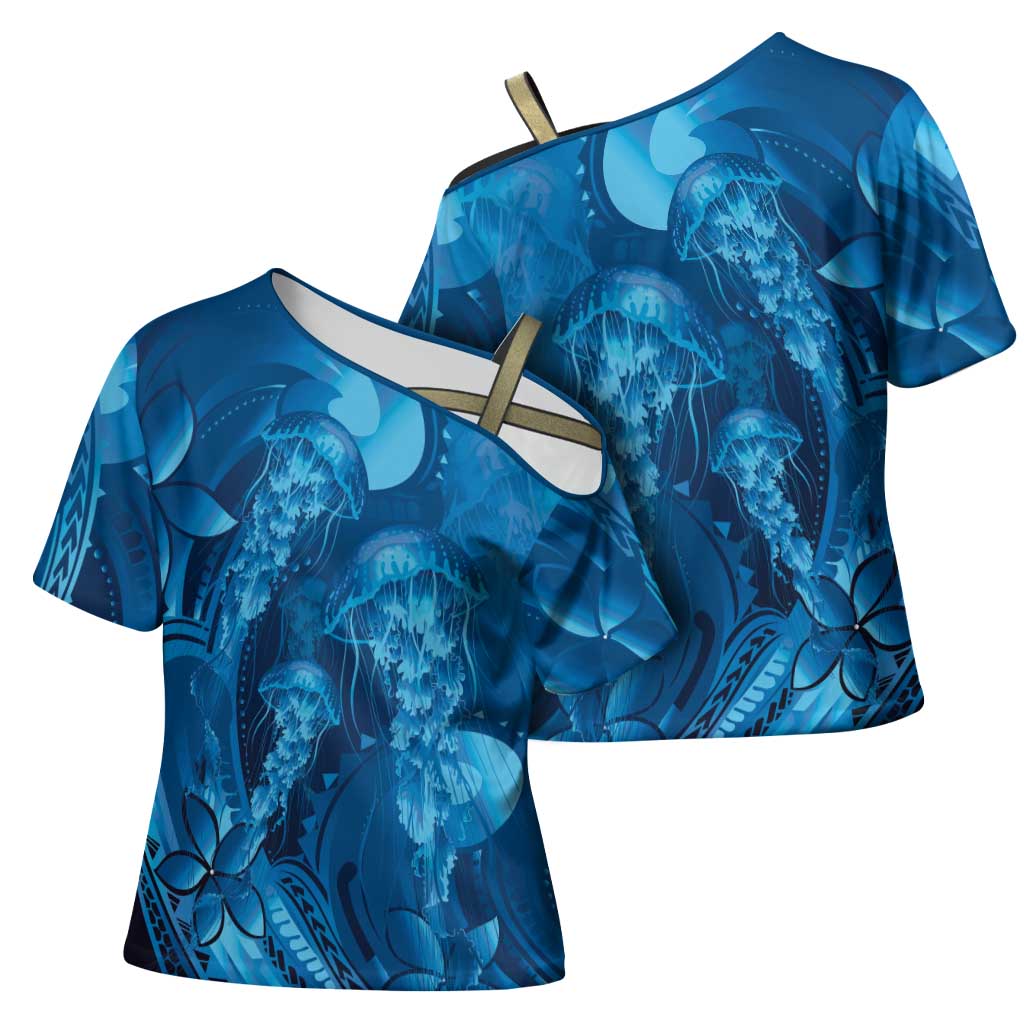 Blue Gradient Polynesia Jellyfish Cross Shoulder Shirt Plumeria Polynesian Tattoo Glowing Vibes