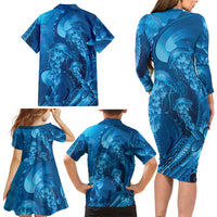 Blue Gradient Polynesia Jellyfish Family Matching Long Sleeve Bodycon Dress and Hawaiian Shirt Plumeria Polynesian Tattoo Glowing Vibes LT14 - Polynesian Pride