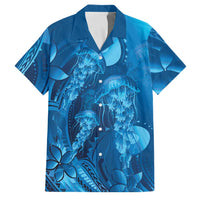 Blue Gradient Polynesia Jellyfish Family Matching Off The Shoulder Long Sleeve Dress and Hawaiian Shirt Plumeria Polynesian Tattoo Glowing Vibes LT14 Dad's Shirt - Short Sleeve Blue - Polynesian Pride