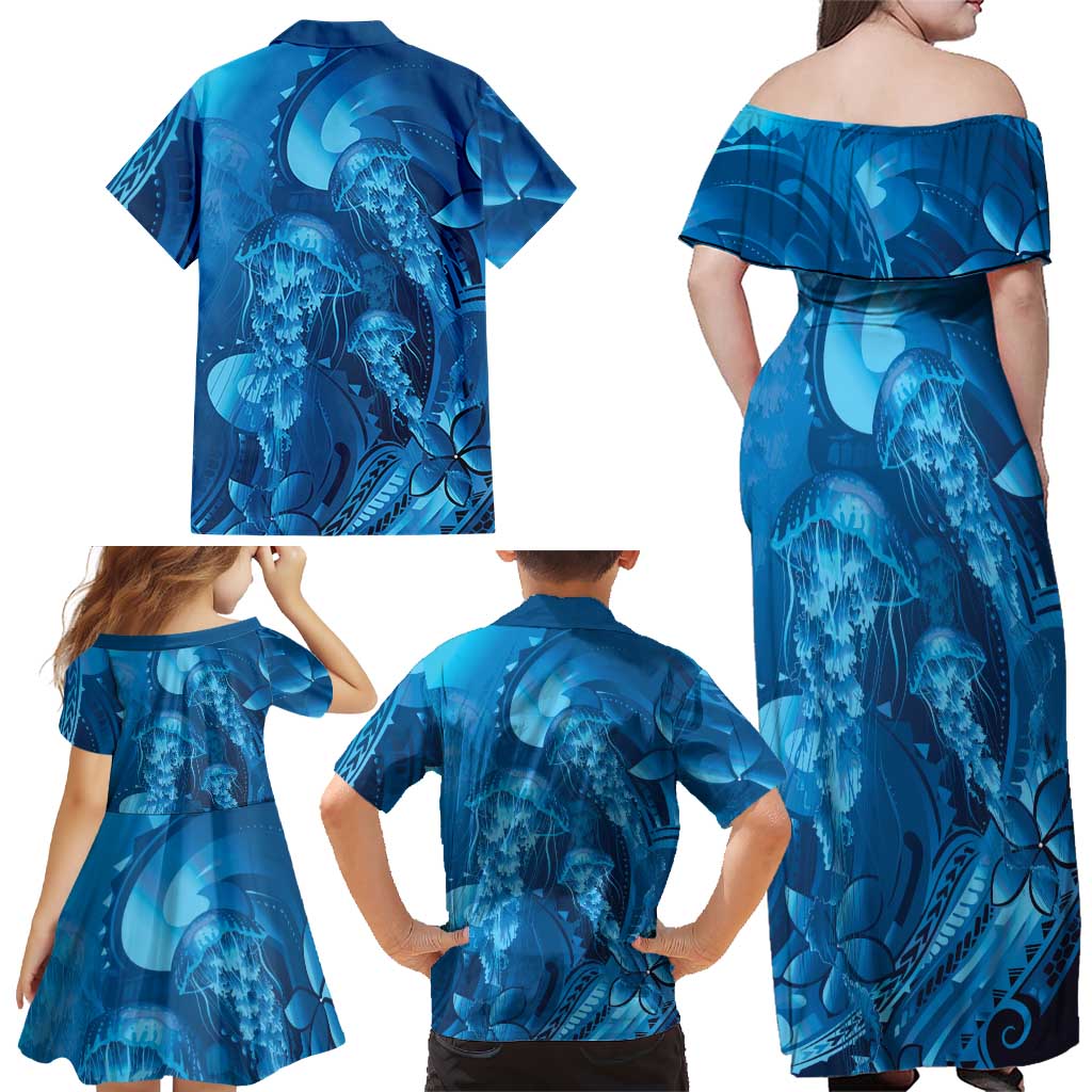 Blue Gradient Polynesia Jellyfish Family Matching Off Shoulder Maxi Dress and Hawaiian Shirt Plumeria Polynesian Tattoo Glowing Vibes