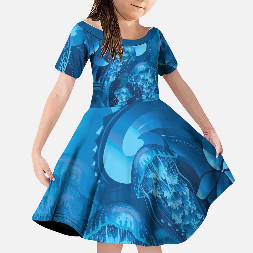 Blue Gradient Polynesia Jellyfish Family Matching Off Shoulder Short Dress and Hawaiian Shirt Plumeria Polynesian Tattoo Glowing Vibes